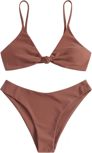 ZAFUL Women's Tie Knot Front Spaghetti Strap High Cut Bikini Set Swimsuit