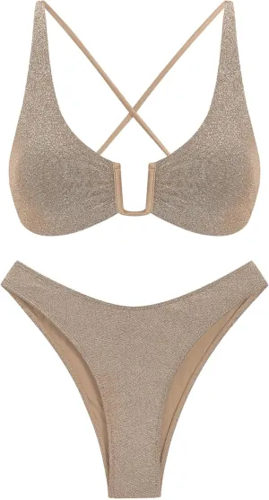 ZAFUL Women's Two Piece Swimsuit Textured U-Wired Metal Criss Cross String Bikini High Leg Bathing Suits