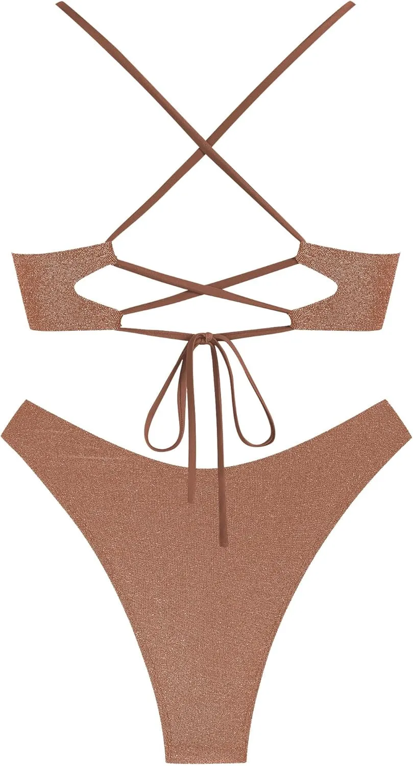 ZAFUL Women's Two Piece Swimsuit Textured U-Wired Metal Criss Cross String Bikini High Leg Bathing Suits