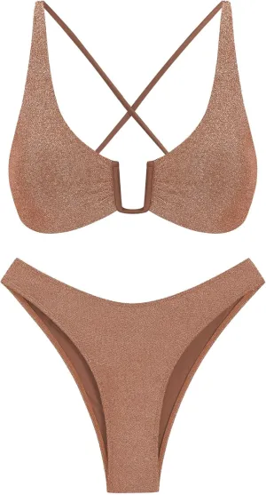 ZAFUL Women's Two Piece Swimsuit Textured U-Wired Metal Criss Cross String Bikini High Leg Bathing Suits
