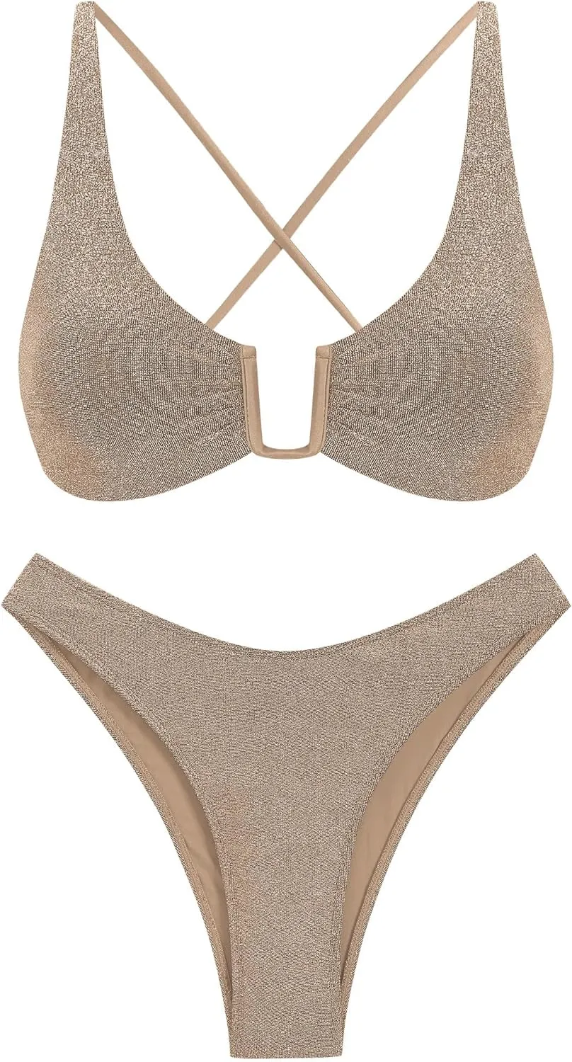 ZAFUL Women's Two Piece Swimsuit Textured U-Wired Metal Criss Cross String Bikini High Leg Bathing Suits