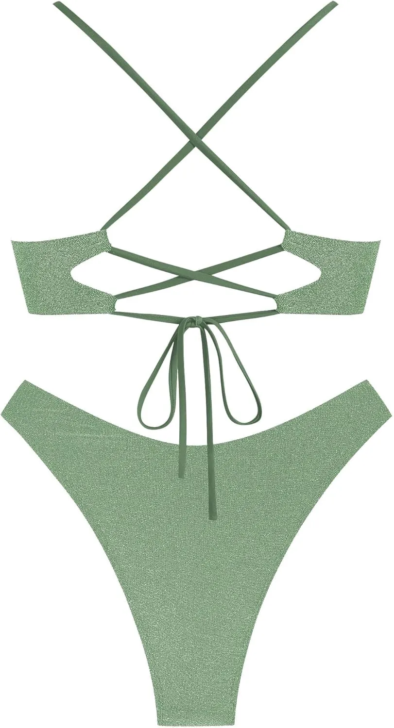 ZAFUL Women's Two Piece Swimsuit Textured U-Wired Metal Criss Cross String Bikini High Leg Bathing Suits