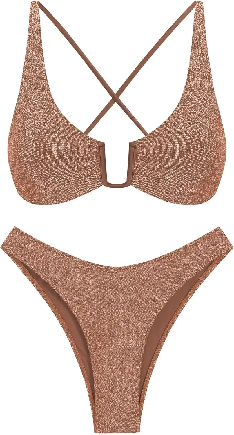 ZAFUL Women's Two Piece Swimsuit Textured U-Wired Metal Criss Cross String Bikini High Leg Bathing Suits