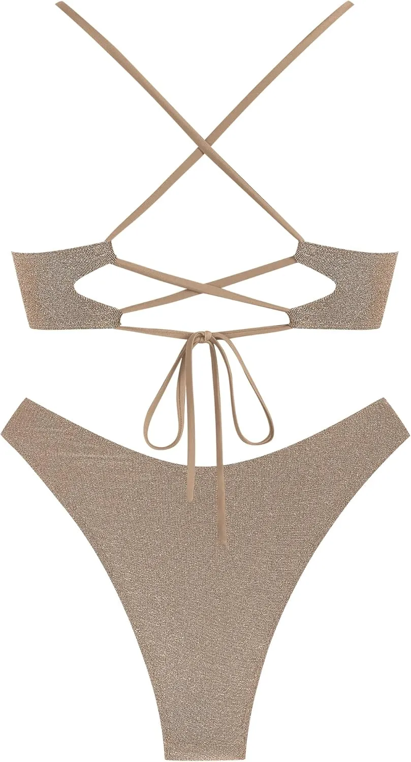 ZAFUL Women's Two Piece Swimsuit Textured U-Wired Metal Criss Cross String Bikini High Leg Bathing Suits
