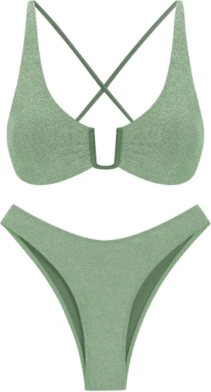 ZAFUL Women's Two Piece Swimsuit Textured U-Wired Metal Criss Cross String Bikini High Leg Bathing Suits