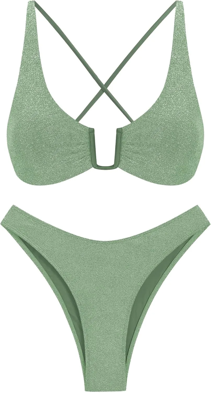 ZAFUL Women's Two Piece Swimsuit Textured U-Wired Metal Criss Cross String Bikini High Leg Bathing Suits
