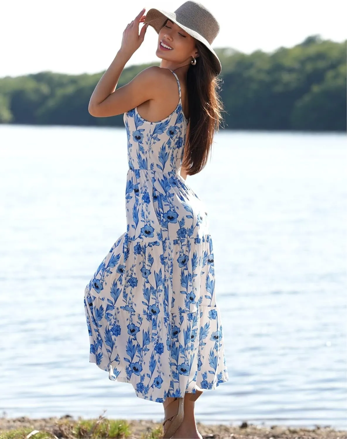 Zeagoo Womens Summer Long Dress Adjustable Spaghetti Strap Floral Casual Dress with Pockets Flowy Tiered Beach Sundress