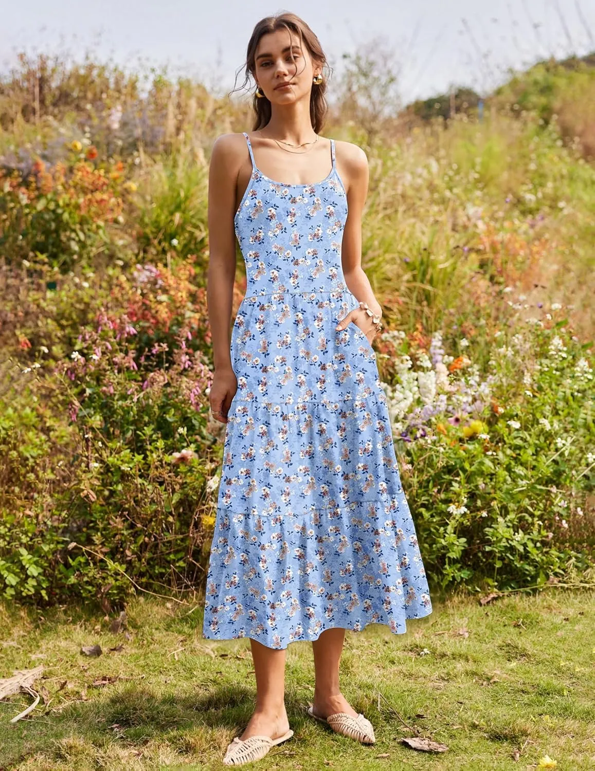 Zeagoo Womens Summer Long Dress Adjustable Spaghetti Strap Floral Casual Dress with Pockets Flowy Tiered Beach Sundress