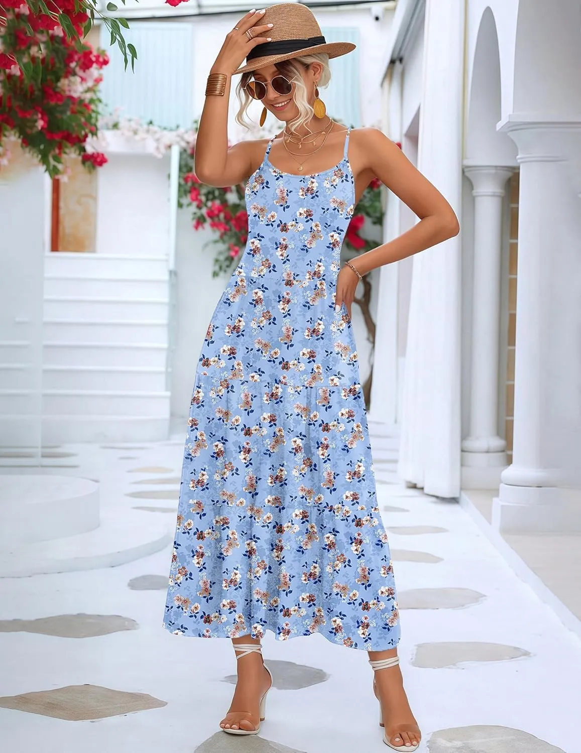Zeagoo Womens Summer Long Dress Adjustable Spaghetti Strap Floral Casual Dress with Pockets Flowy Tiered Beach Sundress
