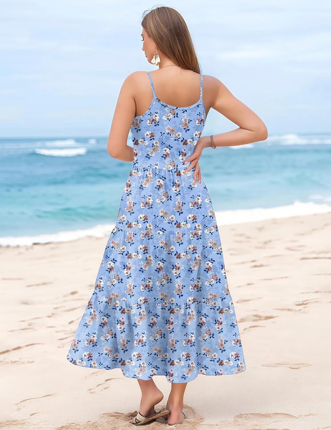 Zeagoo Womens Summer Long Dress Adjustable Spaghetti Strap Floral Casual Dress with Pockets Flowy Tiered Beach Sundress