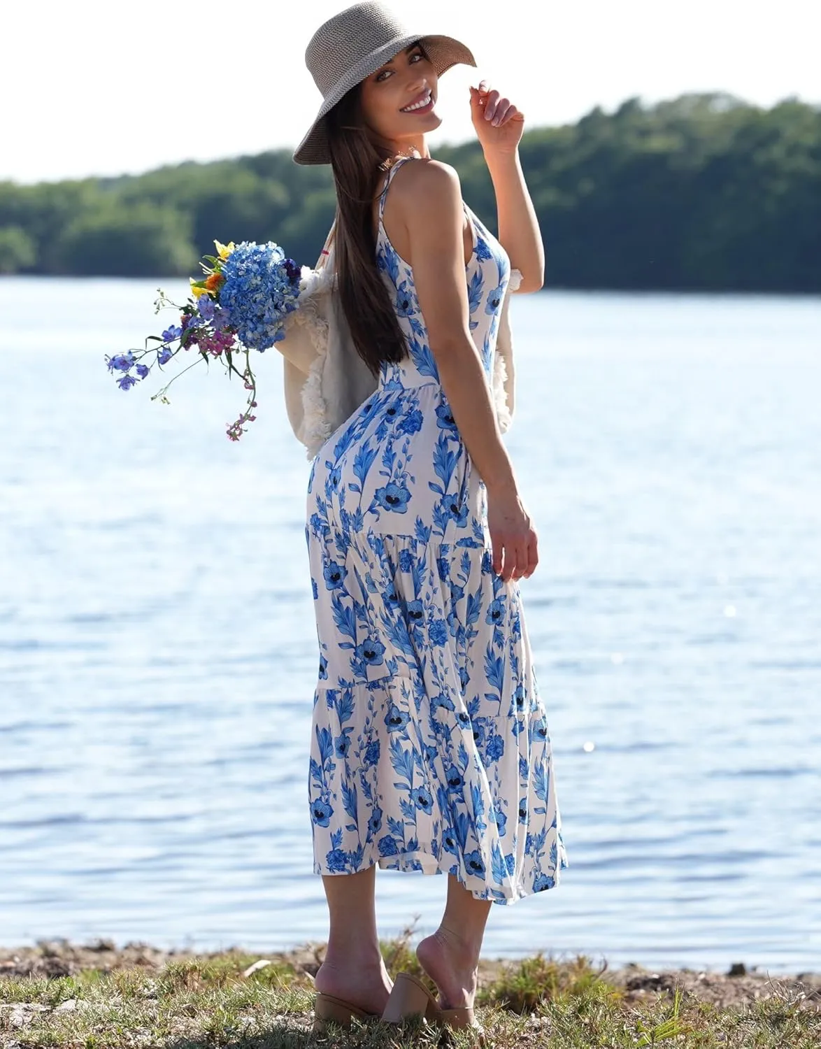 Zeagoo Womens Summer Long Dress Adjustable Spaghetti Strap Floral Casual Dress with Pockets Flowy Tiered Beach Sundress